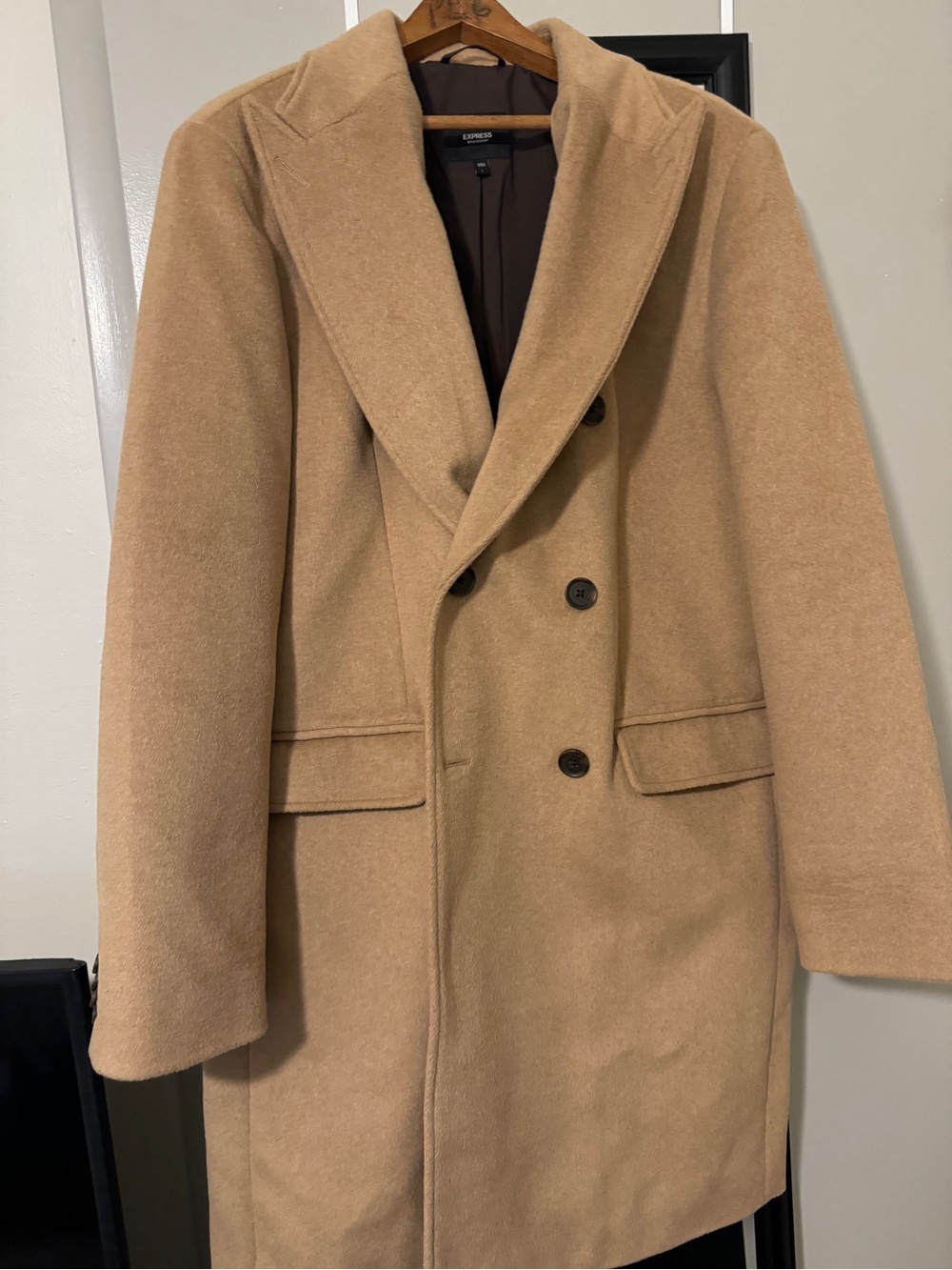 Express Men's Camel Double-Breasted Coat Size Large